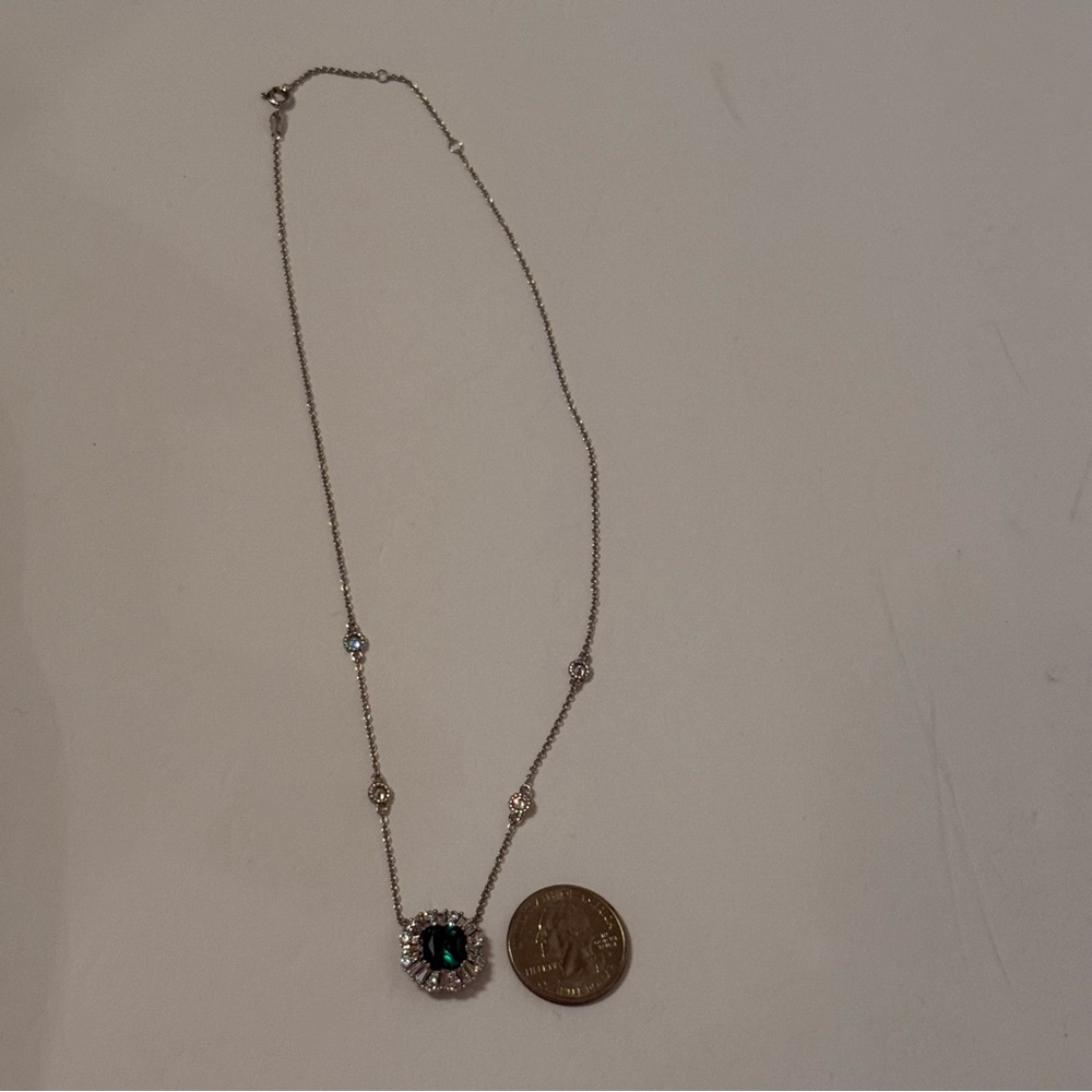 TOVA NECKLACE DIAMONIQUE CZ ROUND BAGUETTES SIMULATED EMERALD PENDANT STERLING - Picture 7 of 11